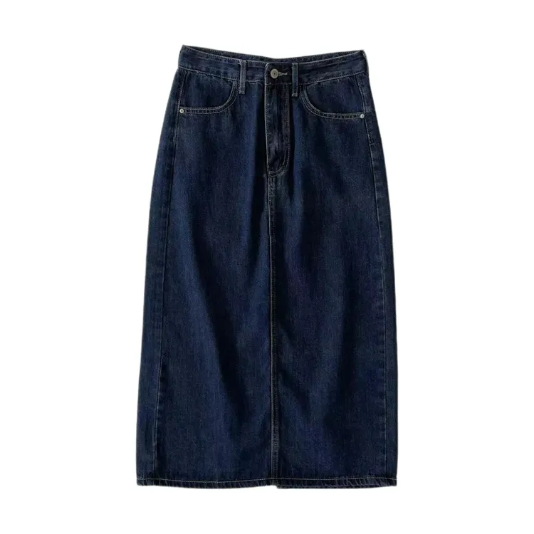 蓝色牛仔显瘦高腰中长款开叉中长裙日系牛仔裙