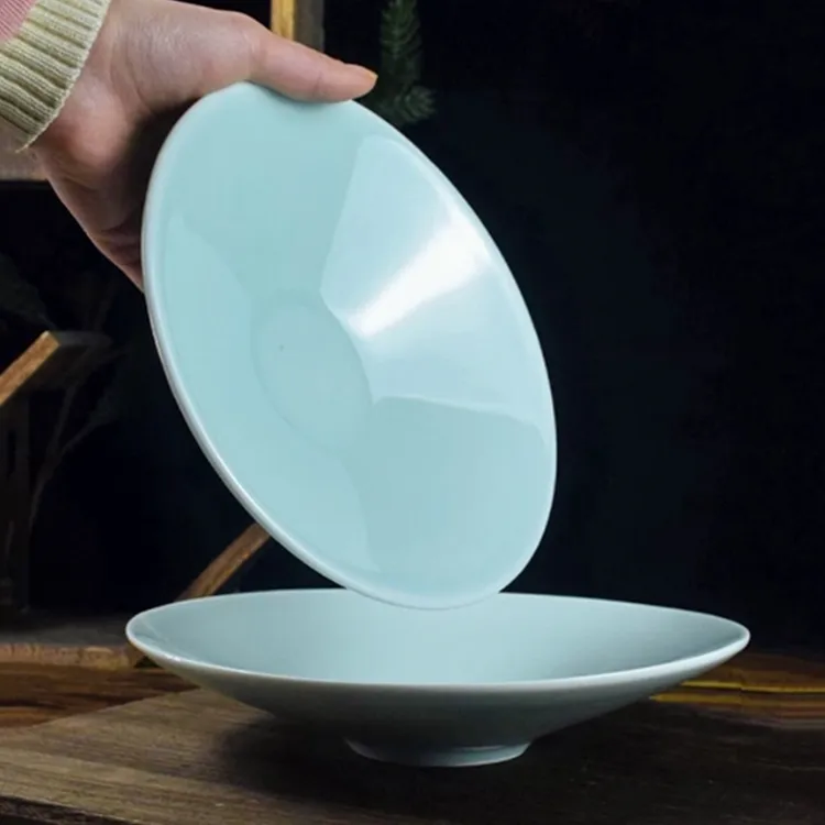 正品景德镇9寸简约中式菜盘青瓷斗笠盘凉菜盘小炒盘家用酒店餐具