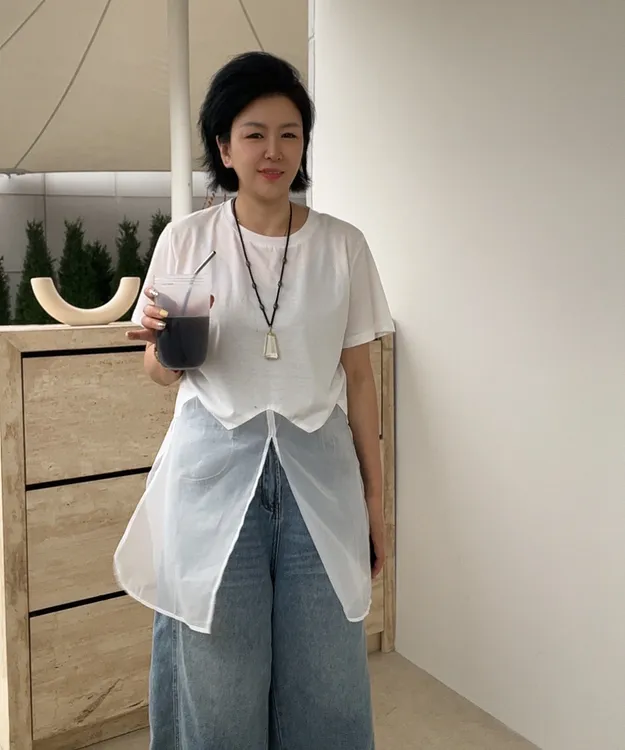 夏季新款丝光人棉圆领网纱拼接开叉轻奢减龄短袖T恤