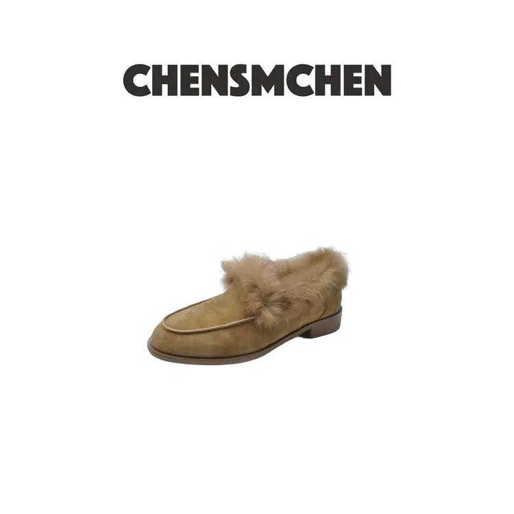 CHENSMCHEN 冬季新款加绒保暖乐福鞋毛绒小圆头单鞋8022