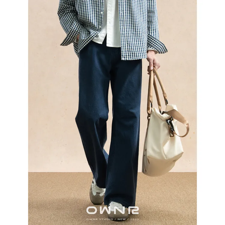 OWNR 蓝色宽松纯棉直筒牛仔裤男2025年秋cleanfit阔腿裤老钱长裤
