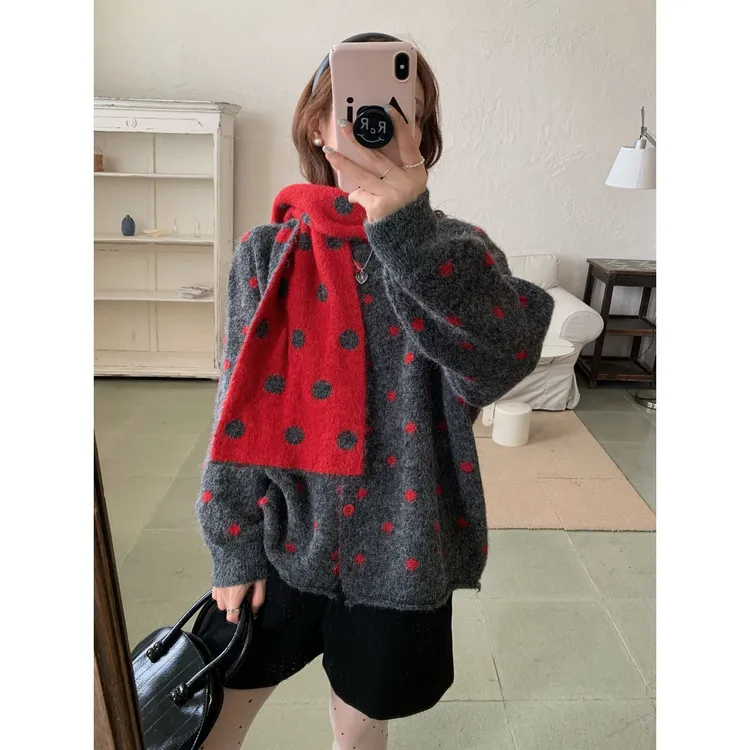 【送围巾】波点慵懒风毛衣开衫女秋冬新款软糯宽松针织慵懒风外套