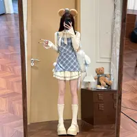 蒂芙尼少女 织物猪原创 千金感针织拼接连衣裙女秋格纹长袖短裙