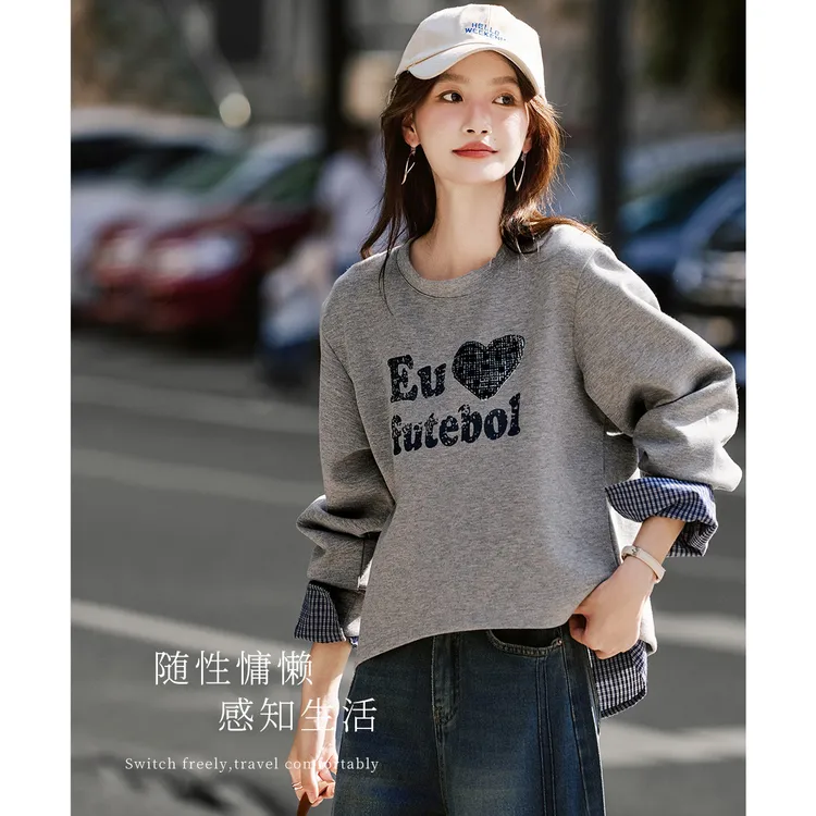 时尚假两件衬衫拼接卫衣女春秋2025新款长袖百搭休闲上衣宽松别致