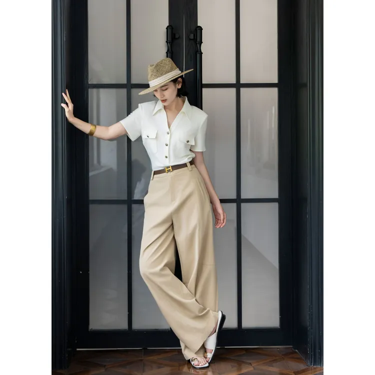 【法式芳华】丝麻的松驰精致 斜裁立体感V领短袖高智风衬衣