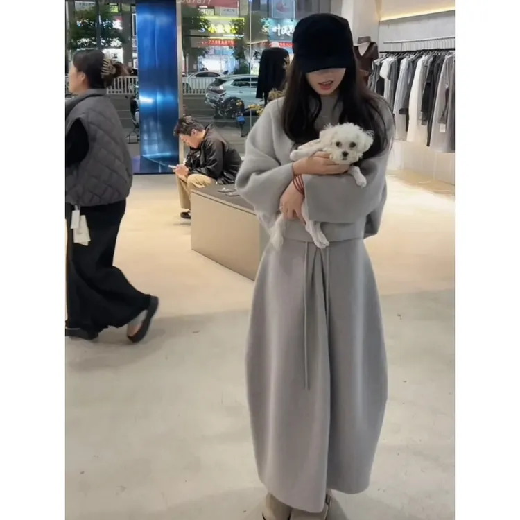 INS CEC韩系新款秋冬高级感灰色毛衣女搭设计感花苞半身裙套装