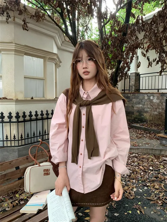 经典白色衬衫 高智纯色百搭宽松长袖衬衣女早秋学院风上衣