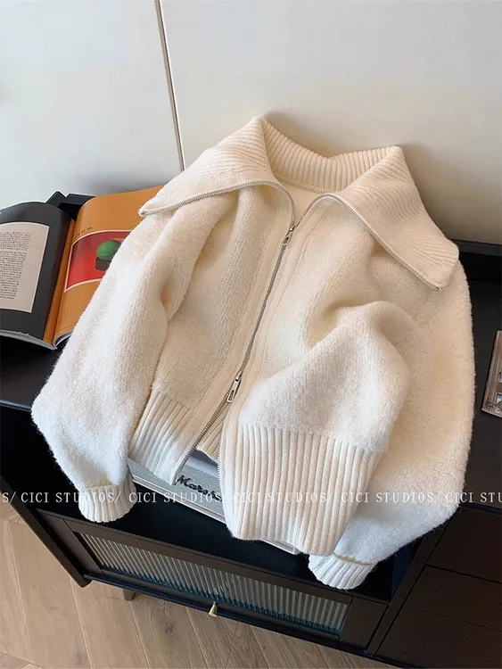 奶白色大翻领双拉链毛衣外套女2025秋冬新款慵懒风休闲短款针织衫