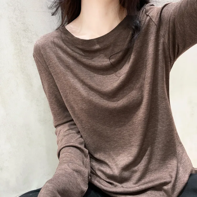 莱赛尔天丝T恤女秋季韩系穿搭复古百搭显瘦圆领长袖内搭打底上衣