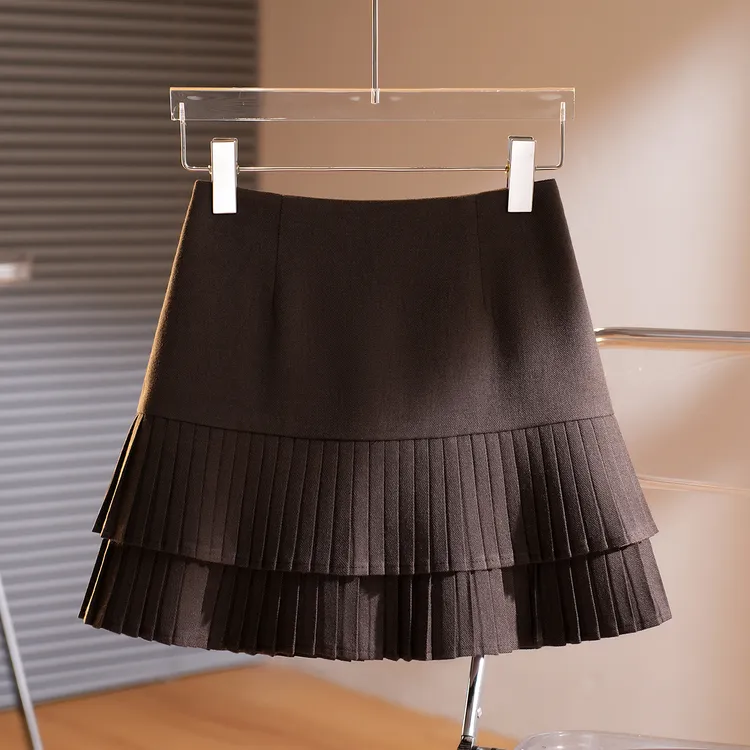 巨好看咖色毛呢百褶半身裙女2025秋冬季新款A字学院风蛋糕短裙子