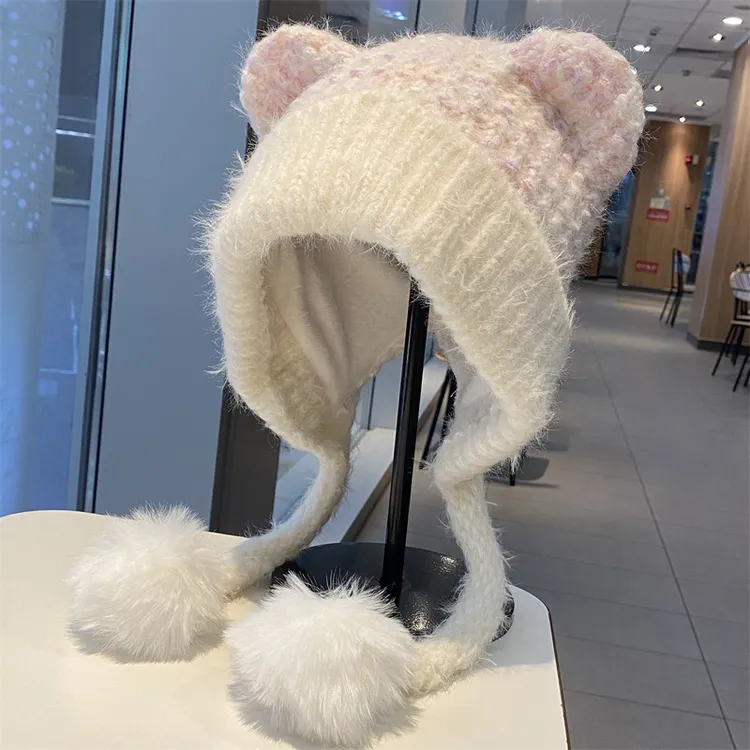 新款甜美可爱耳朵针织帽女秋冬季骑车加绒护耳帽保暖套头雷锋帽子