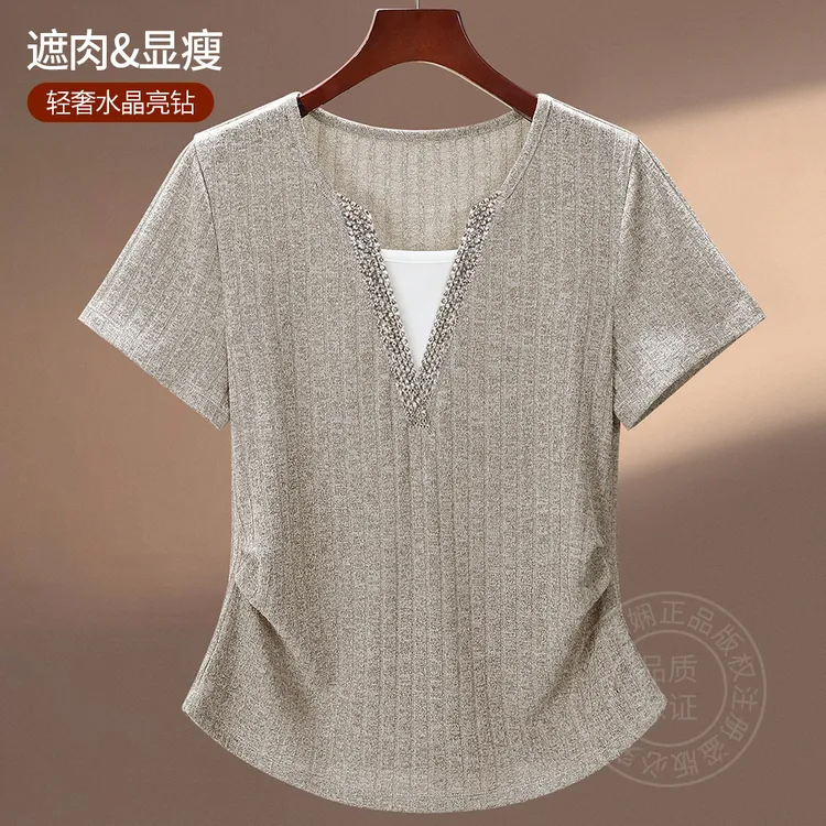 2025新款显瘦修身短袖T恤女夏季抽绳收腰假两件女士上衣时尚洋气