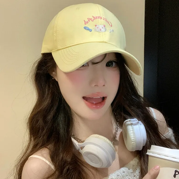 可爱小猫刺绣棒球帽女春夏季大头围宽檐显脸小鸭舌帽韩版百搭帽子