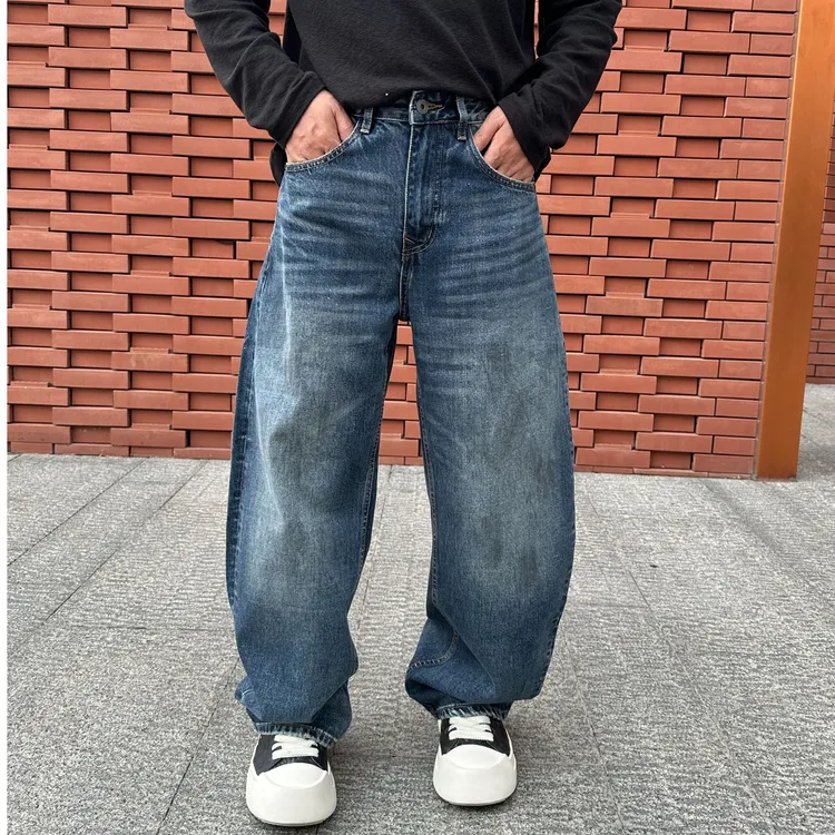 秋季宽松弯刀洗水做旧复古烫闪潮流时尚高街时尚休闲百搭牛仔裤