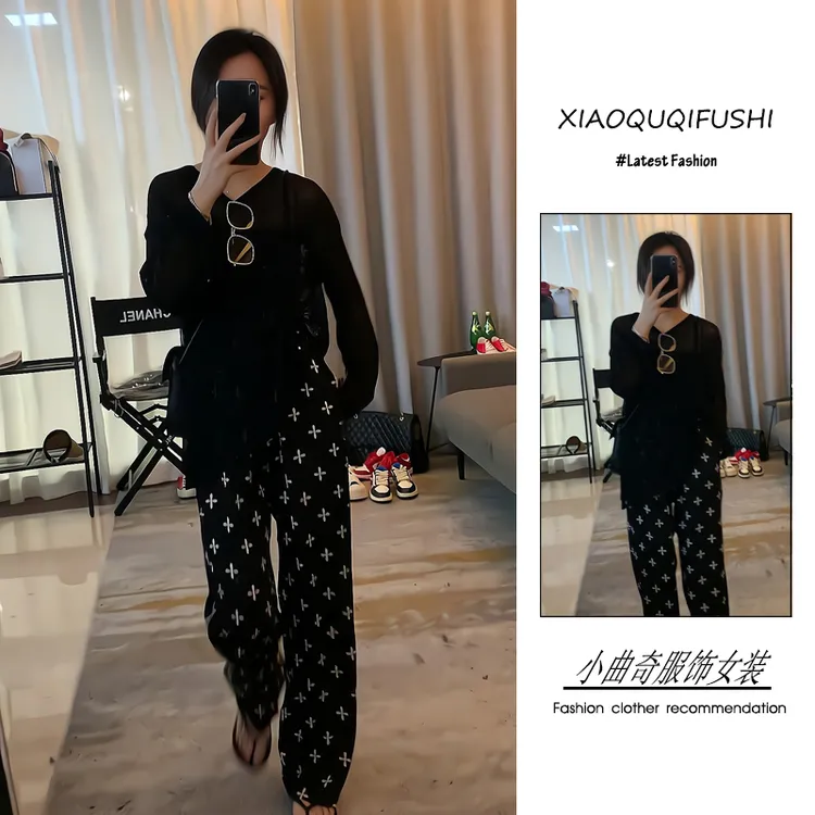 夏季2025新款一整套女装韩系慵懒风时尚防晒罩衫十字休闲裤两件套