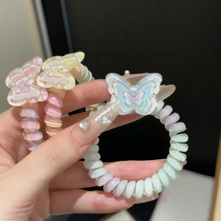 渐变色蝴蝶电话线发圈少女心头绳夏日彩虹电话线发圈高弹力