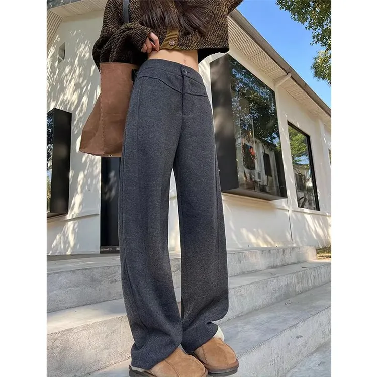 加厚弯刀卫裤女秋冬新款毛呢休闲裤显瘦宽松高腰直筒窄版阔腿裤子