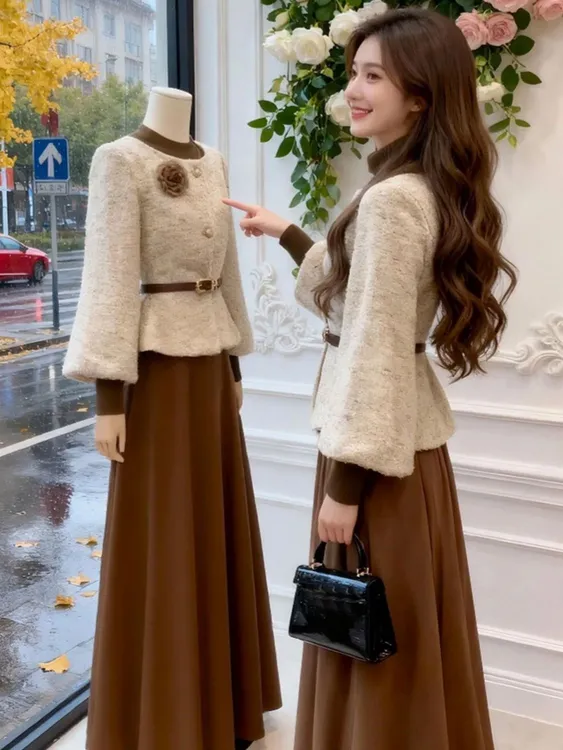 茶系穿搭一整套装2025秋冬新款气质名媛小香风外套半裙巨好看女装