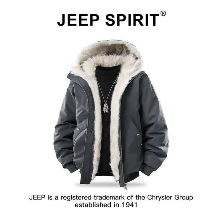 JEEPSPIRIT吉普座山雕毛领连帽棉服冬季新款宽松休闲男士棉衣外套