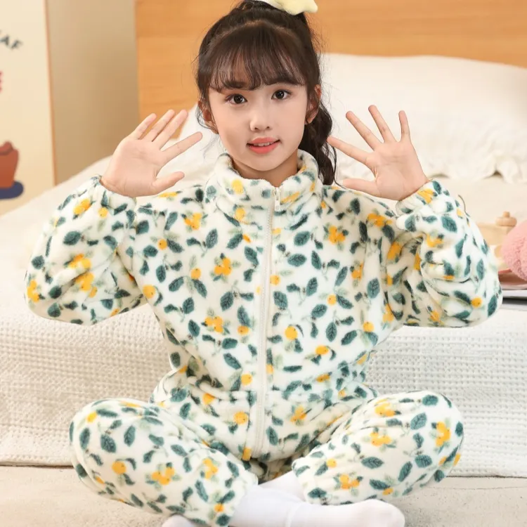 秋冬季儿童法兰绒加厚保暖睡衣套装女童卡通锁温中大童宝宝家居服