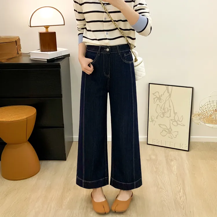 小个子弹力九分烟管牛仔裤秋冬新品丹宁蓝女裤高腰显瘦深蓝直筒裤