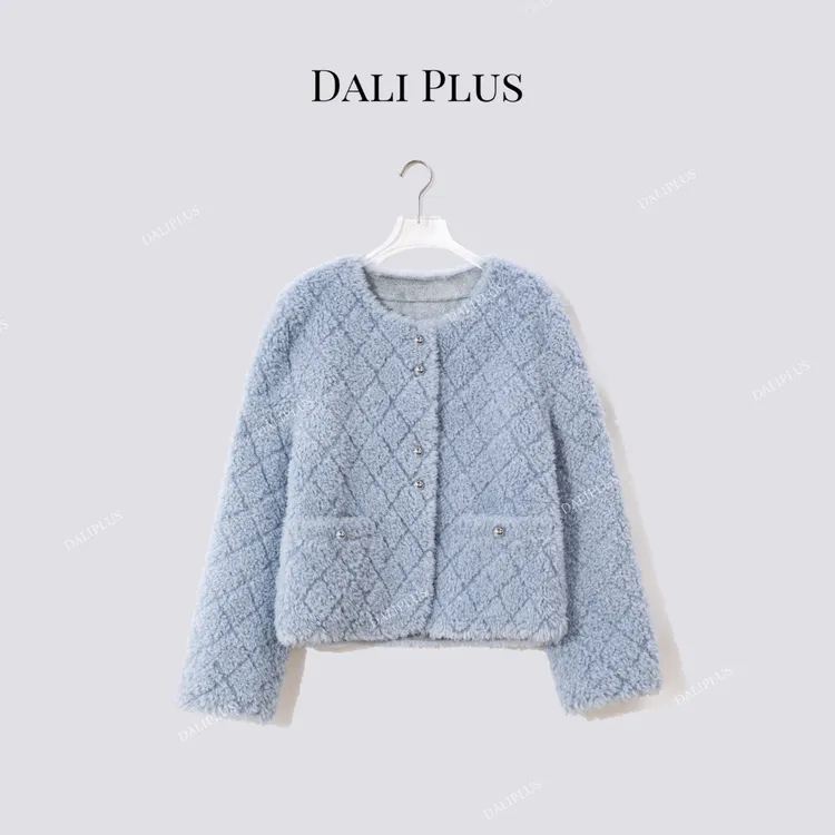 DALI PLUS“蓝菠萝颗粒毛”100%绵羊毛单排扣外长袖外套-D5SC0011