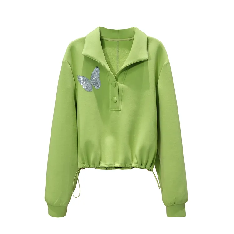 【亮哥女装】2025欧版莱赛尔天丝香草绿翻领蝴蝶烫钻抽绳卫衣5520A