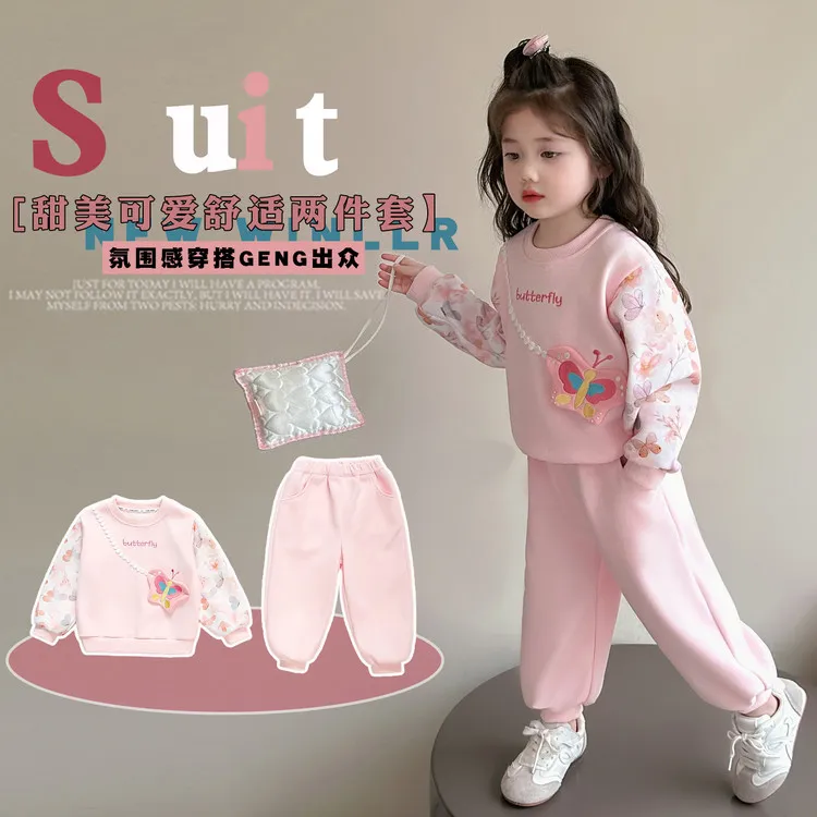 中小童秋季韩版运动卡通秋装衣服宝宝外出服春秋女童蝴蝶卫衣套装