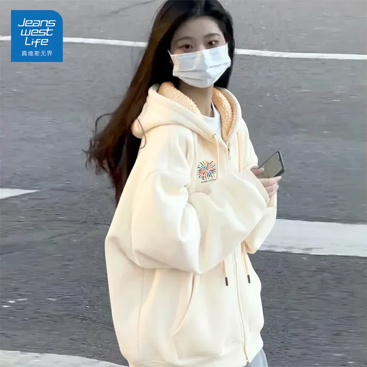 真维斯无界卫衣女秋冬季2025新款加绒加厚羊羔绒开衫休闲减龄上衣