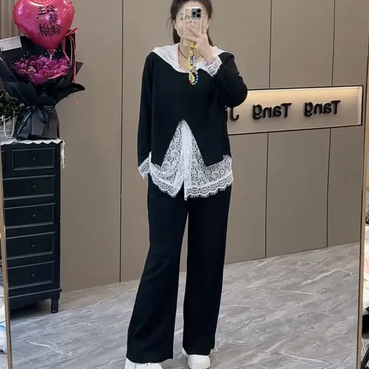 韩系叠穿连帽蕾丝背心＋不规则上衣+裤子三件套