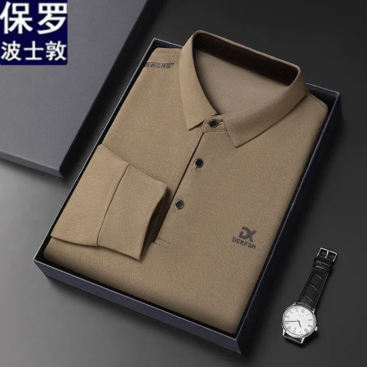 保罗春秋款休闲长袖T恤翻领新款中年男士POLO衫上衣免烫商务体恤