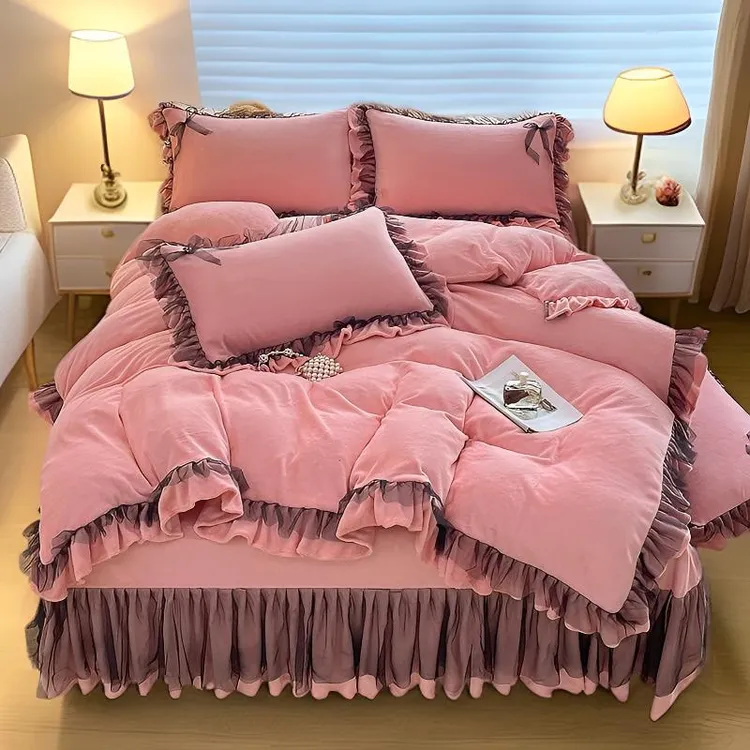 四件套牛奶绒双面绒冬季磨毛加厚加绒蕾丝花边黑纱牛奶绒四件套