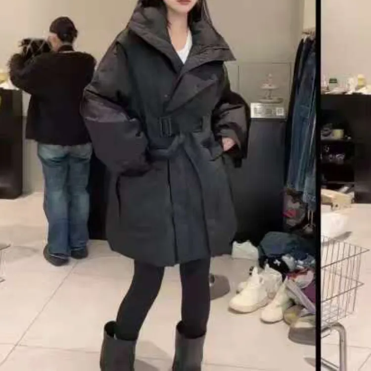 欧货立领系带收腰显瘦中长款风衣款棉服