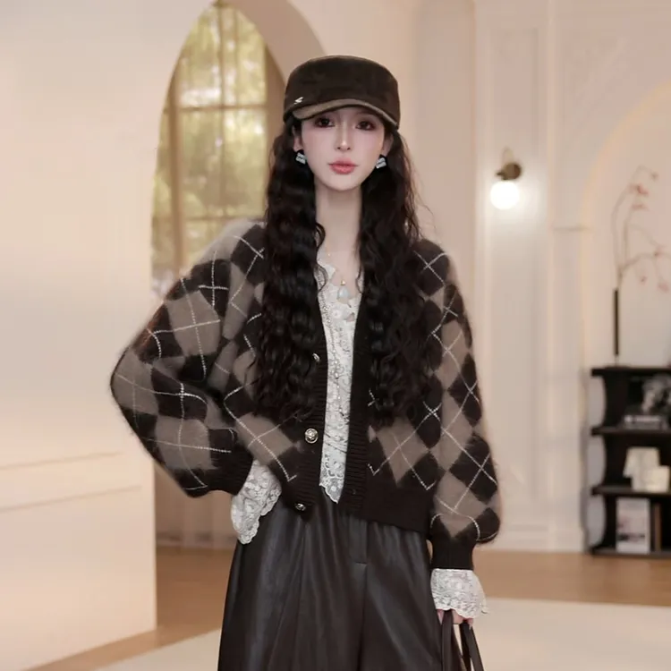 【YANYAN】棱形格毛衣开衫女秋季慵懒风v领加厚长袖针织衫外套8871