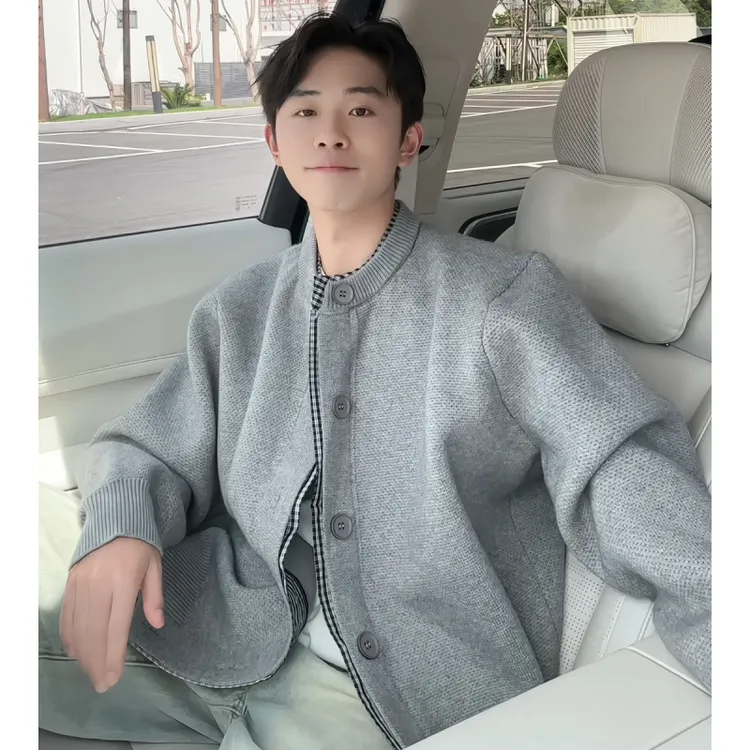 MEDM CHAM灰色复古超好看的质感假两件针织开衫美式休闲毛衣外套
