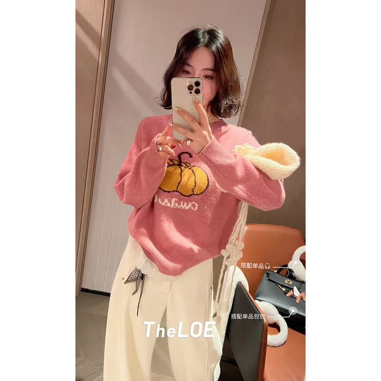 TheLOE/【大金南瓜羊毛毛衣】305g蕾丝下摆假两件针织长袖#LE-22651