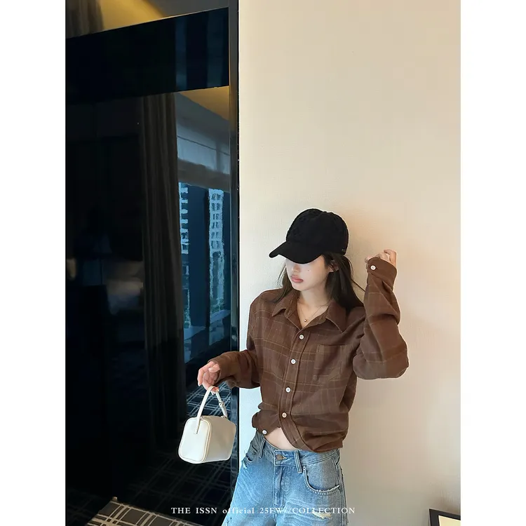 THEISSN宁司 格纹短款长袖衬衫女早秋复古宽松显瘦衬衣 01340