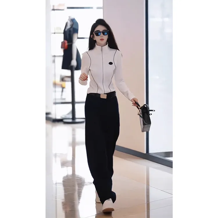 欧货双拉链立领白色卫衣外套女2025秋季新款小个子百搭修身短上衣
