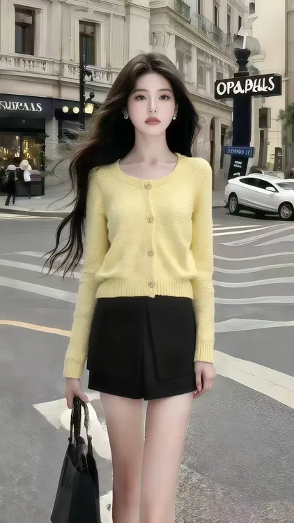 秋季慵懒松弛感小个子穿搭黄色圆领长袖针织上衣+黑色百搭短裙
