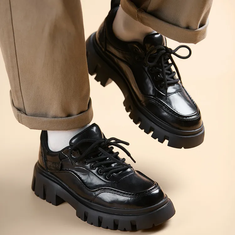 轻便系带厚底休闲皮鞋男士真皮增高素面年轻人发泡底商务休闲鞋子