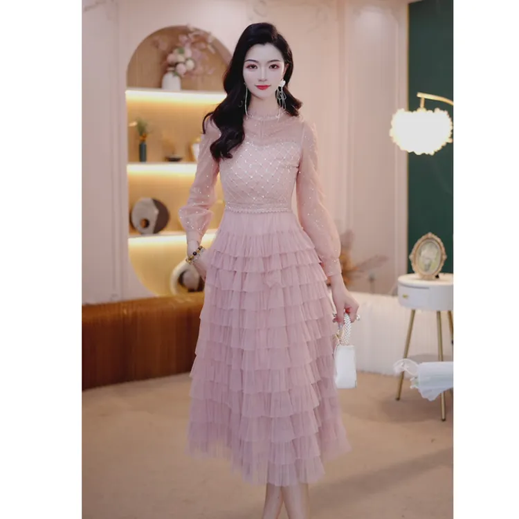 春秋新款气质长款修身显瘦仙气优雅网纱蛋糕粉色仙女连衣裙1468