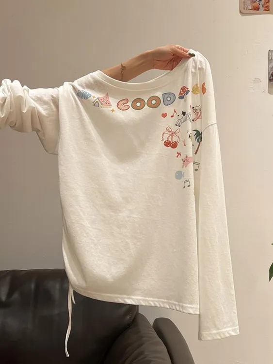 【210克40支棉】涂鸦印花圆领长袖女T恤秋季新款抽褶宽松内搭打底衫