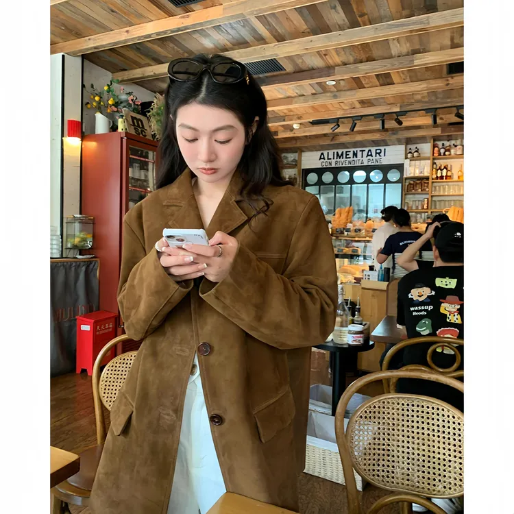 麂皮西装皮衣外套女2025秋冬新款美拉德设计感小个子宽松复古上衣