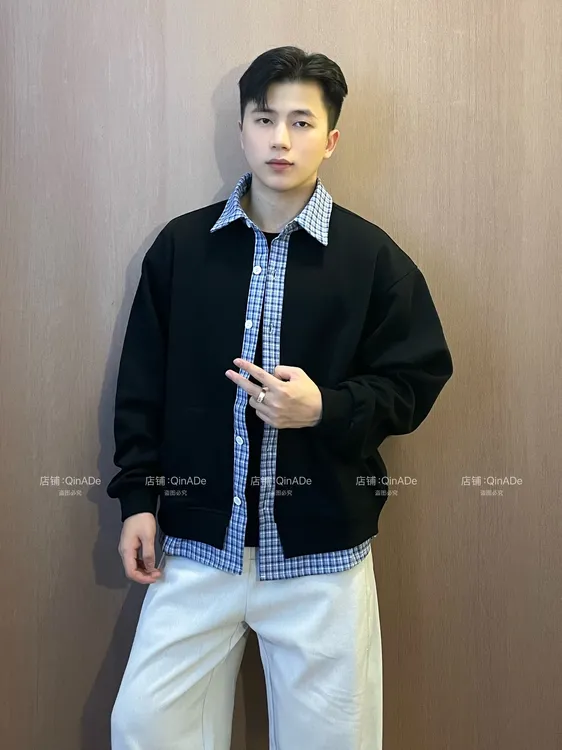 QinADe假两件格纹设计感拼接长袖T恤卫衣男士休闲秋季韩系学院风