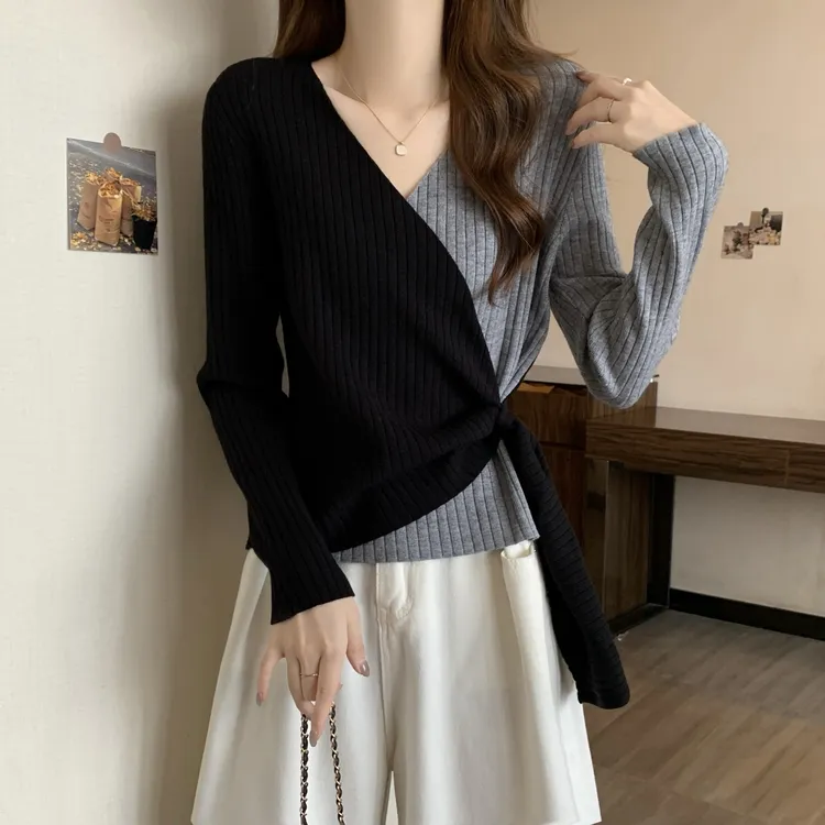 设计感不规则撞色针织打底衫女秋季爆款胖MM大码修身显瘦内搭上衣