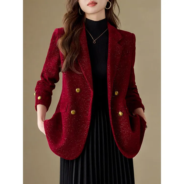 红色小香风毛呢西装外套女2025新款高级感小个子休闲西服秋冬加厚