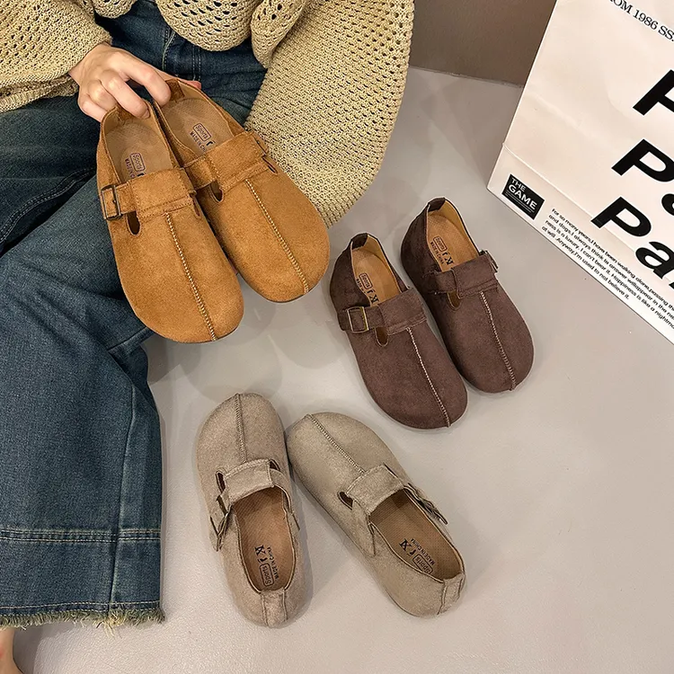 复古全包勃肯鞋女5CM内增高秋季新款平底休闲百搭小懒人单鞋