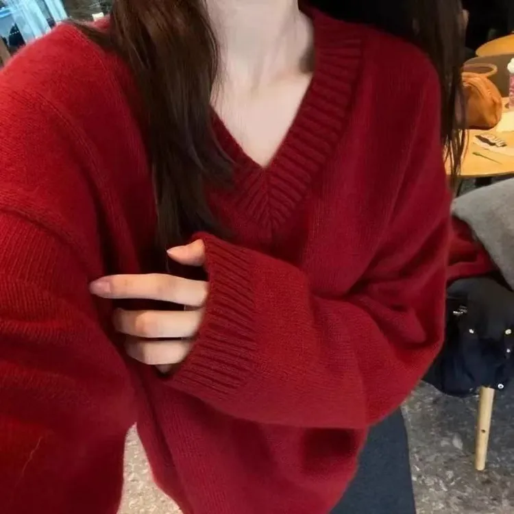 【原版600克加厚】新年红显白软糯V领套头毛衣女秋冬季加厚慵懒风