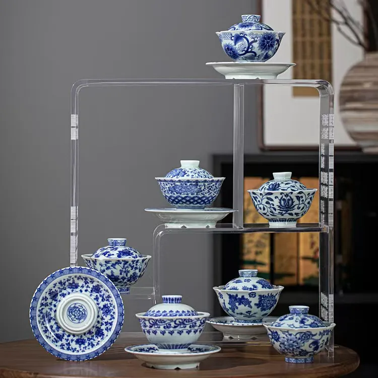 德化白瓷缠枝莲羊脂玉瓷贴花釉中彩三才盖碗高档复古陶瓷瓷盖碗