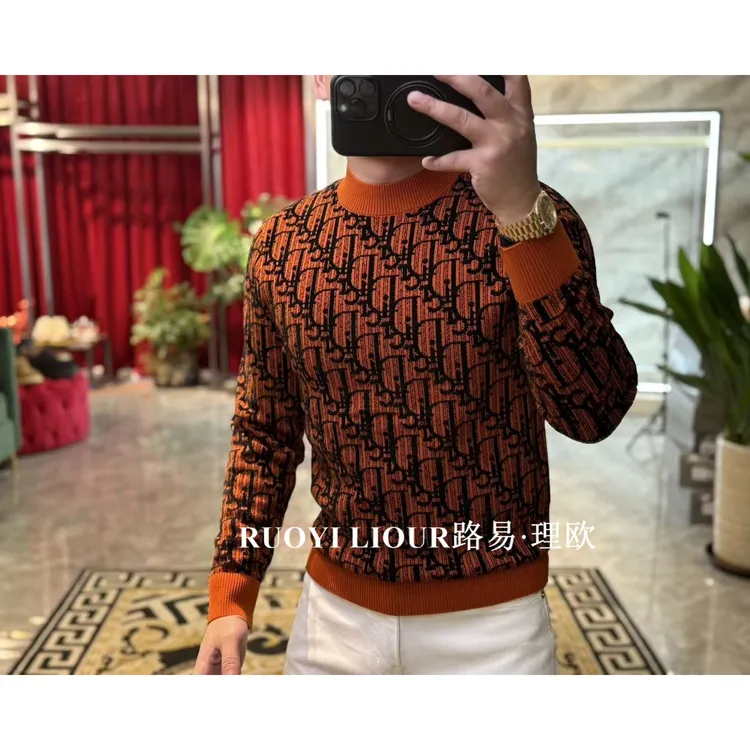 【路易理欧】欧货高端天鹅绒羊毛混纺针织衫字母提花长袖毛衣0784